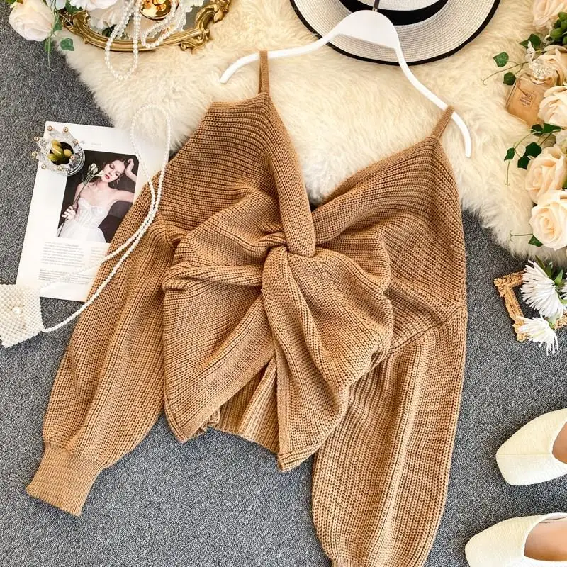 Женский бандажный свитер с открытыми плечами осенне-зимний вязаный пуловеры