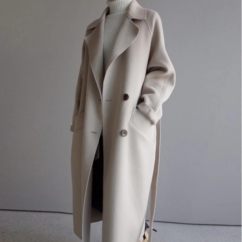 

Autumn and winter slim long coat women 2021 casual double-breasted wool coat women Korean elegant office ladies