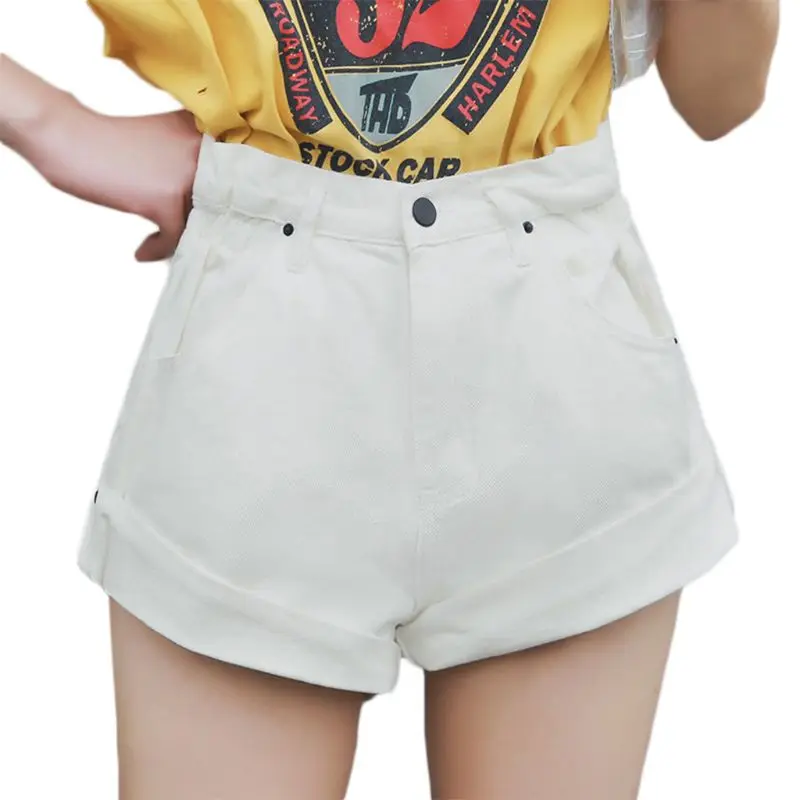 

Women Elastic High Waist Denim Shorts Rolled Wide Leg Loose Pants with Pockets A0NF