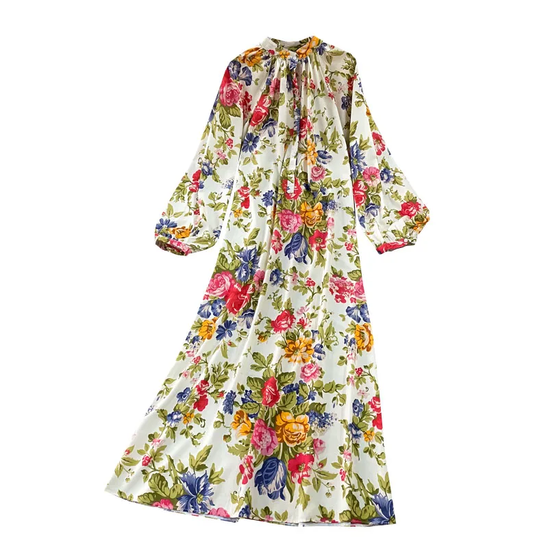

and American fashion versatile, rustic style, retro floral print, loose size dress, holiday style, elegant long