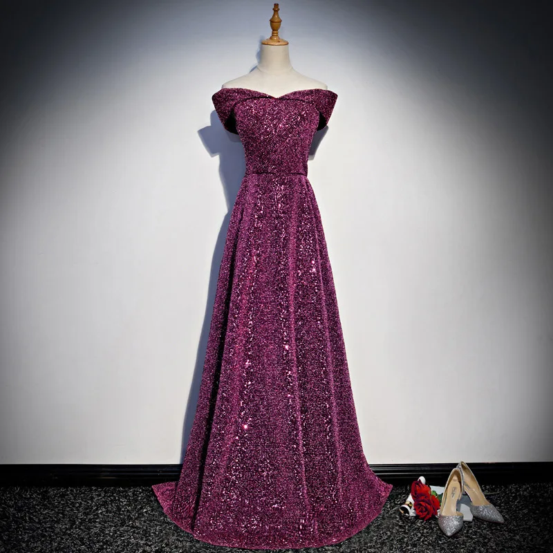 

Female Elegant Off Shoulder Trailing Banquet Gown Exquisite Sequins Trim Evening Party Dress Purple V-Neck Bling Prom Dresses