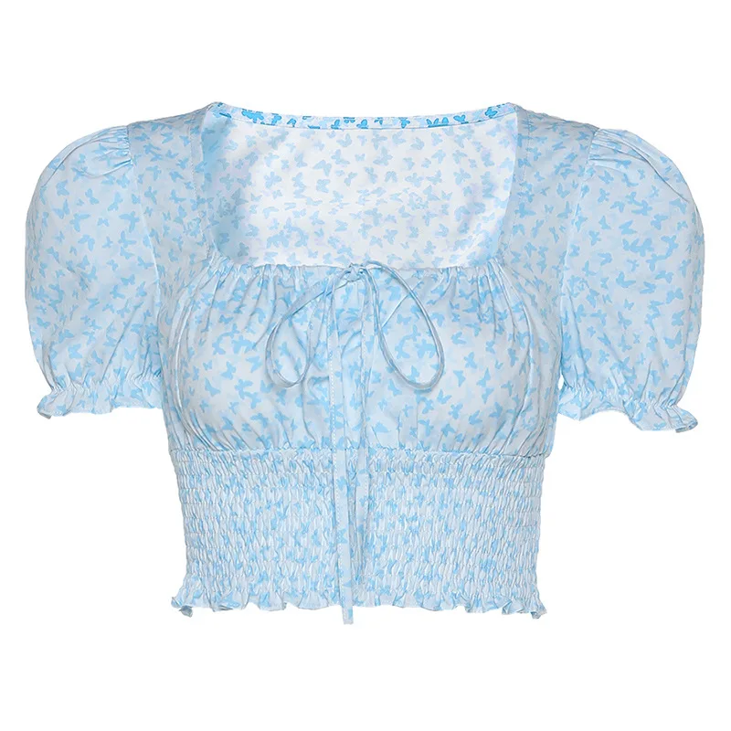 

Summer Fashion Floral Print Crop Tops Women 2020 Elegant French Puff Sleeve T Shirt Ladies Street Wear Casual Tees Harajuku