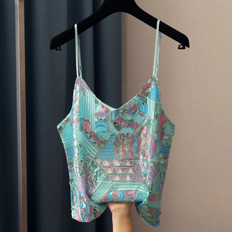 Зеленый тяжелое вышитое с v образным вырезом горловины и пайетками майка на