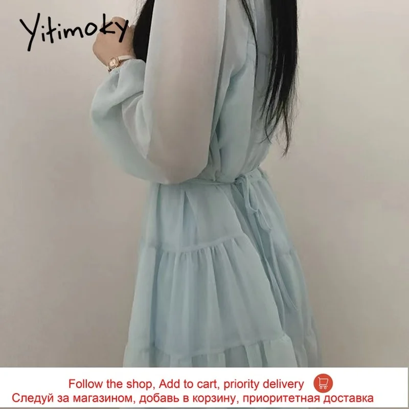 

Yitimoky High Waist Chiffon Dress for Women 2021 Puff Sleeve O-Neck Bandage Unicolor Spring Summer Korean Clothes New White Blue