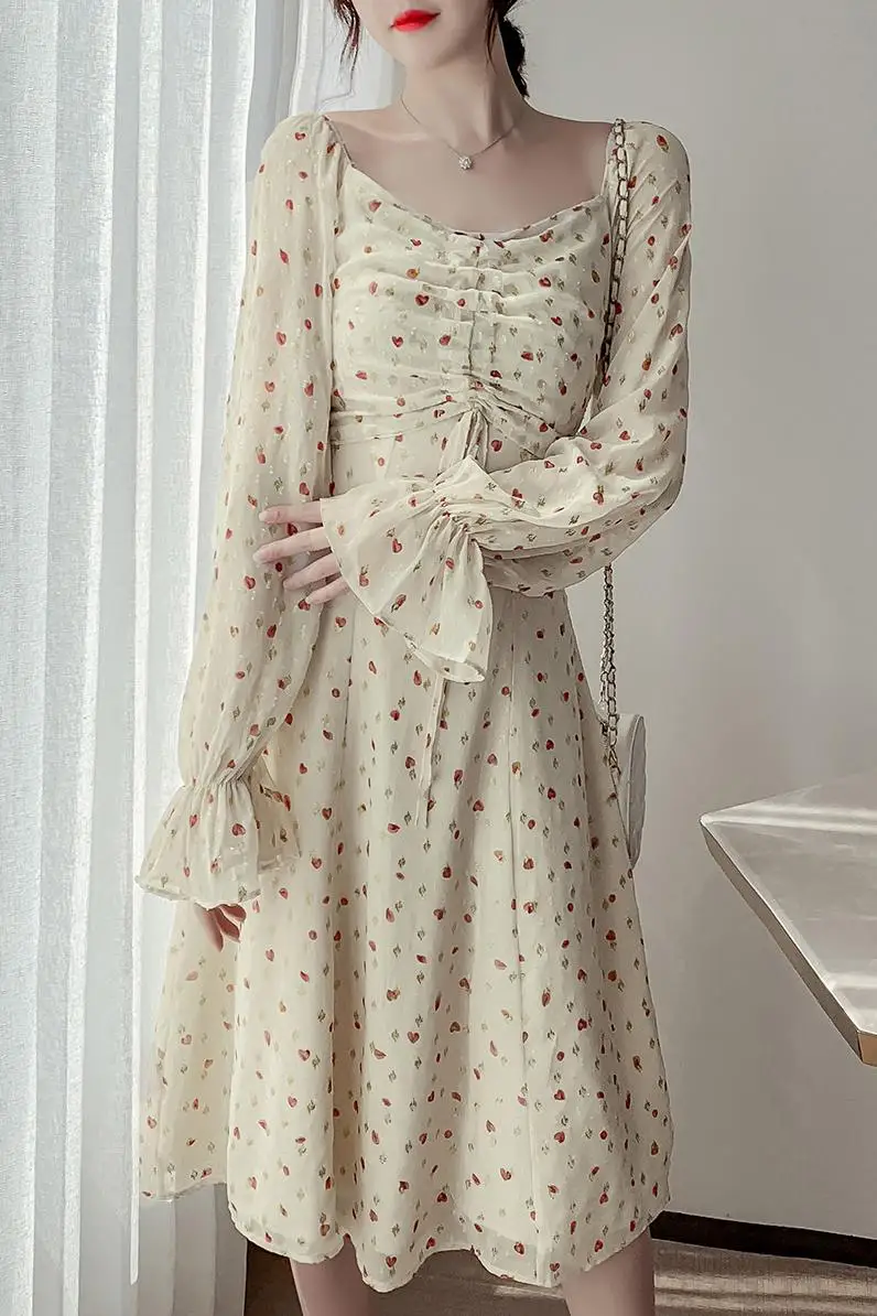 

Leiouna Butterfly Sleeve Spring 2021 New Printing French Style Fairy Temperament Spring Romantic Floral Skirt Women Emale Dress