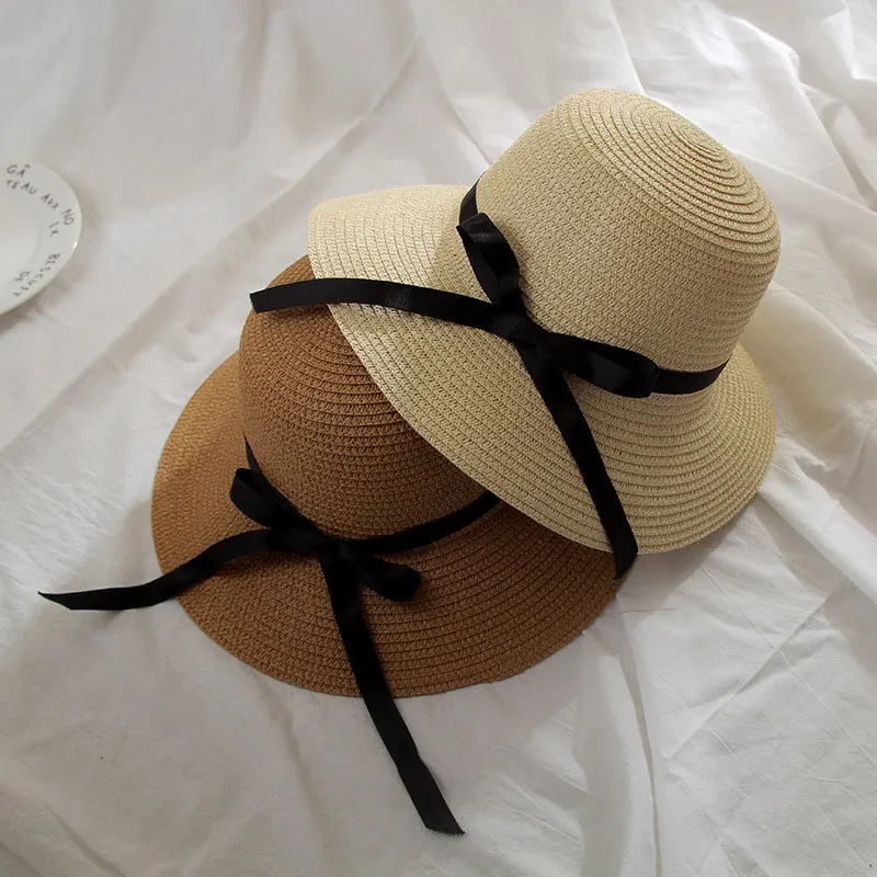 Новая модная простая женская летняя пляжная черно белая шляпа с лентой и бантом