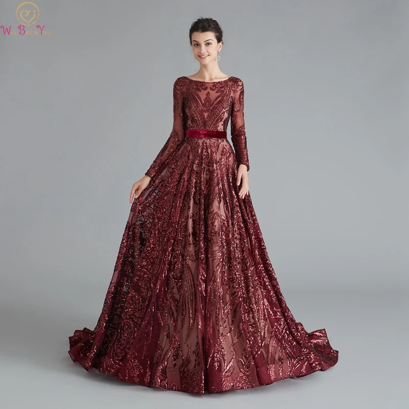 

Burgundy Long Sleeves A-Line Muslim Evening Dresses Luxurious Sequined Lace Formal Party Women Dubai Saudi Arabic Gowns 2019 New