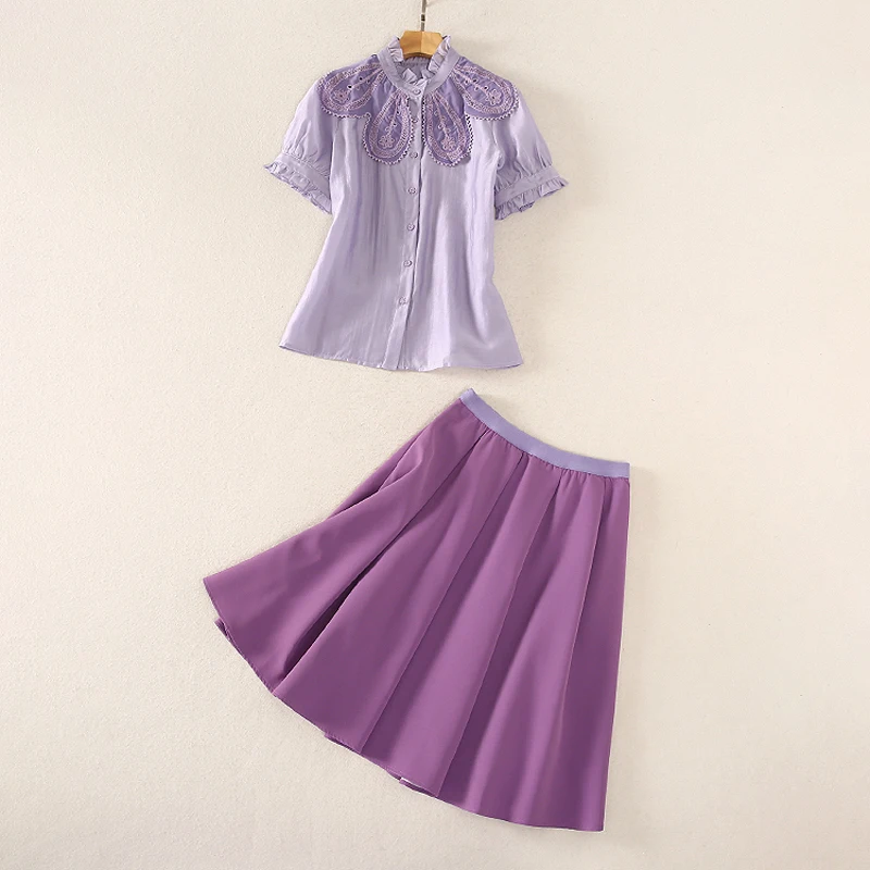 

HIGH QUALITY Newest 2021 Summer Fashion Short Sleeve Embroidery Blouse Shirt Mini Skirt Set