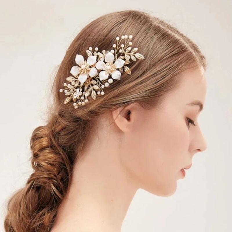 Женский гребень для волос с жемчугом и цветами золотого цвета | Украшения