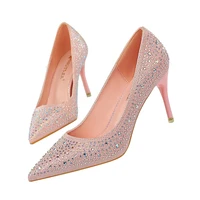 new blingbling crystal wedding pumps shoes women autumn elegant pu pointed toe slip on shallow 7cm thin high heels party shoes