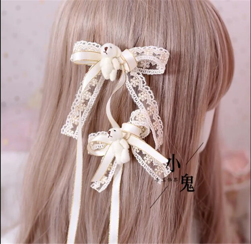 Японский женский корейский милый бант в Стиле Лолита с медведем заколка для