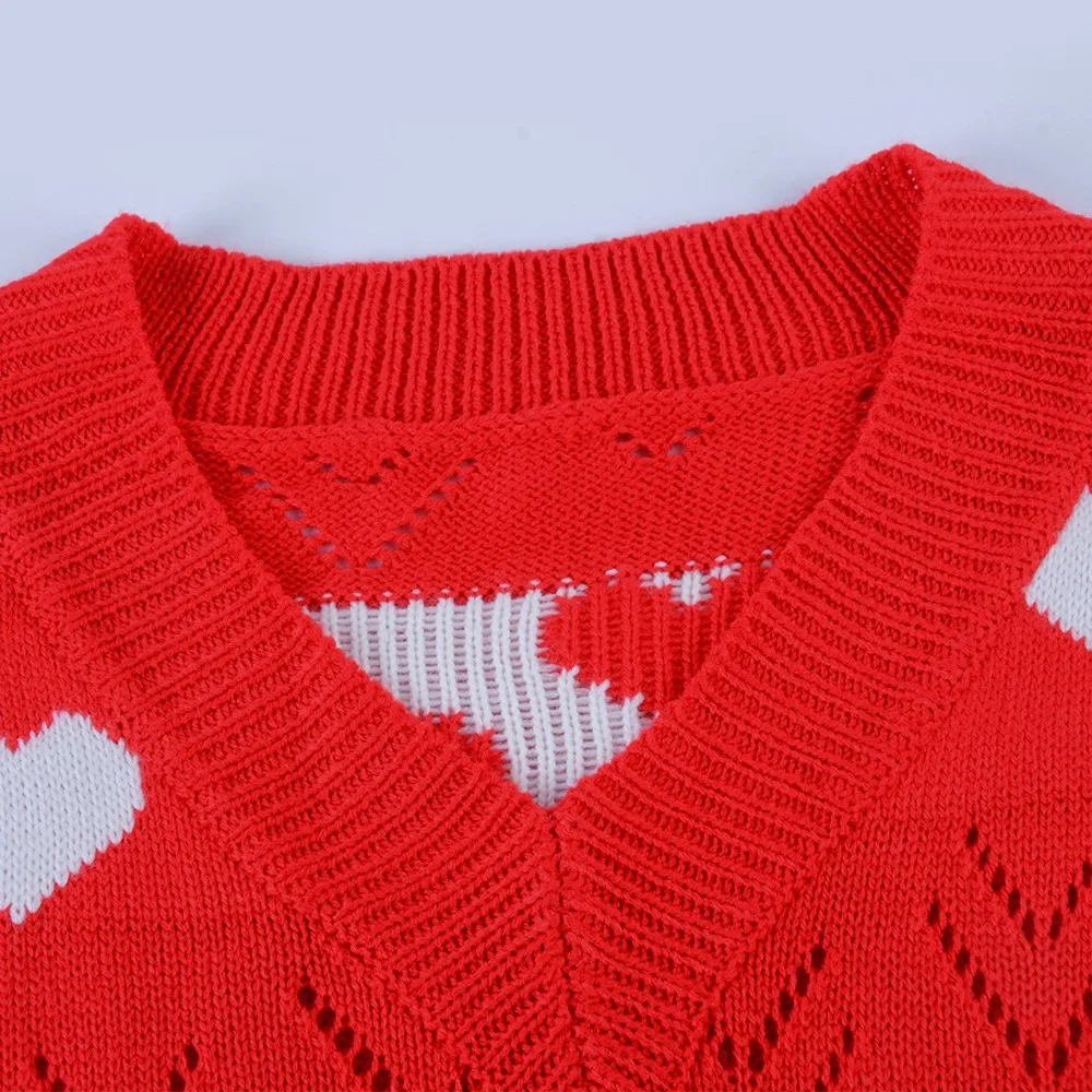 

New Fashion Women Casual V-neck Love Print Hollow Sweater Ladies Strapless Sexy Knitted Sweater
