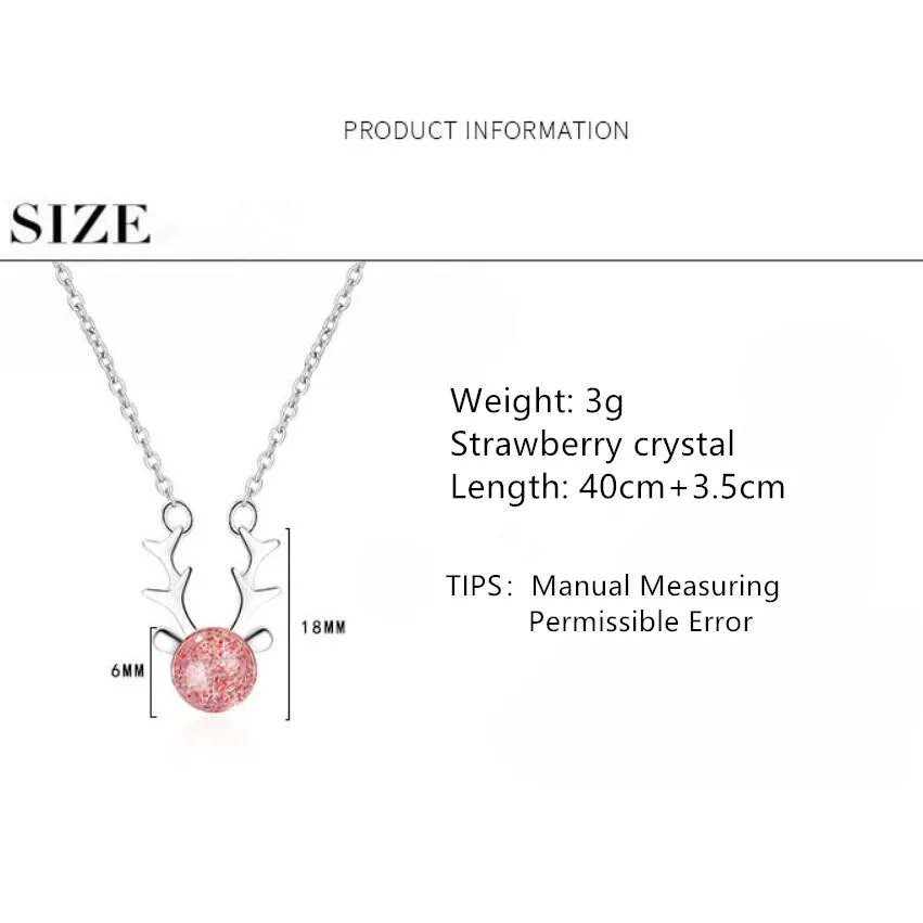 

Pink Strawberry Crystal Antlers Deer Pendant Necklaces For Women Trend Short Clavicle Chain 925 Sterling Silver Jewelry SAN187