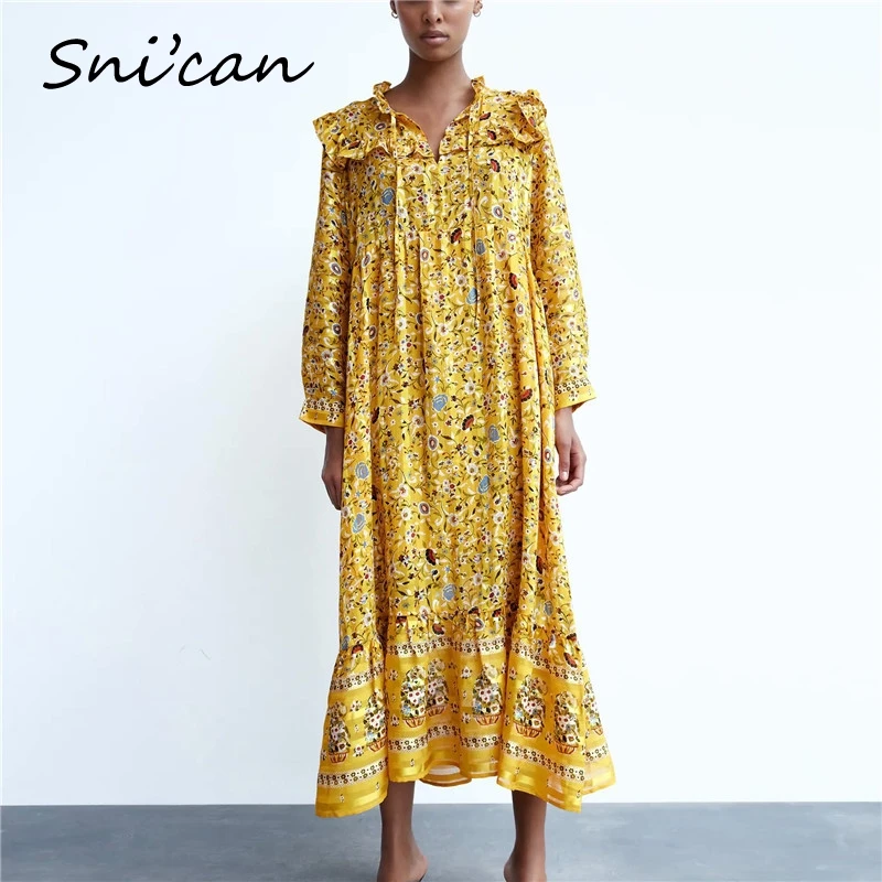 

Snican yellow floral print oversize dresses for women long sleeve casual bohemian vintage dress vestido de mulher za 2020 femme