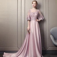 evening dress 2020 luxury pearls flowers satin mother of the bride dresses bean paste color halfboard wedding mother dresses