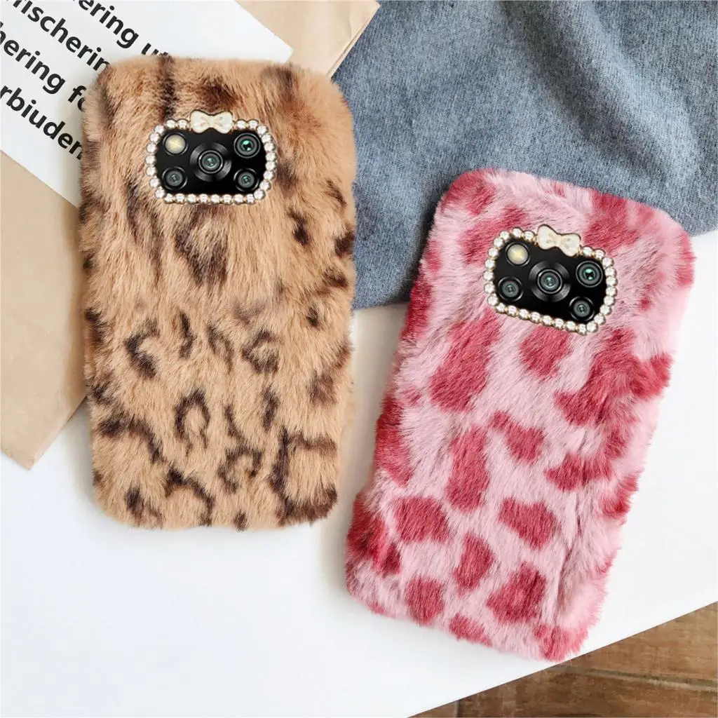 

POCO M3 Winter warm Leopard Case On Poco X3 Cover Capa Bumper For Xiaomi Poco M3 Cases Fluffy fur Rabbit Silicone Cover POCO X3