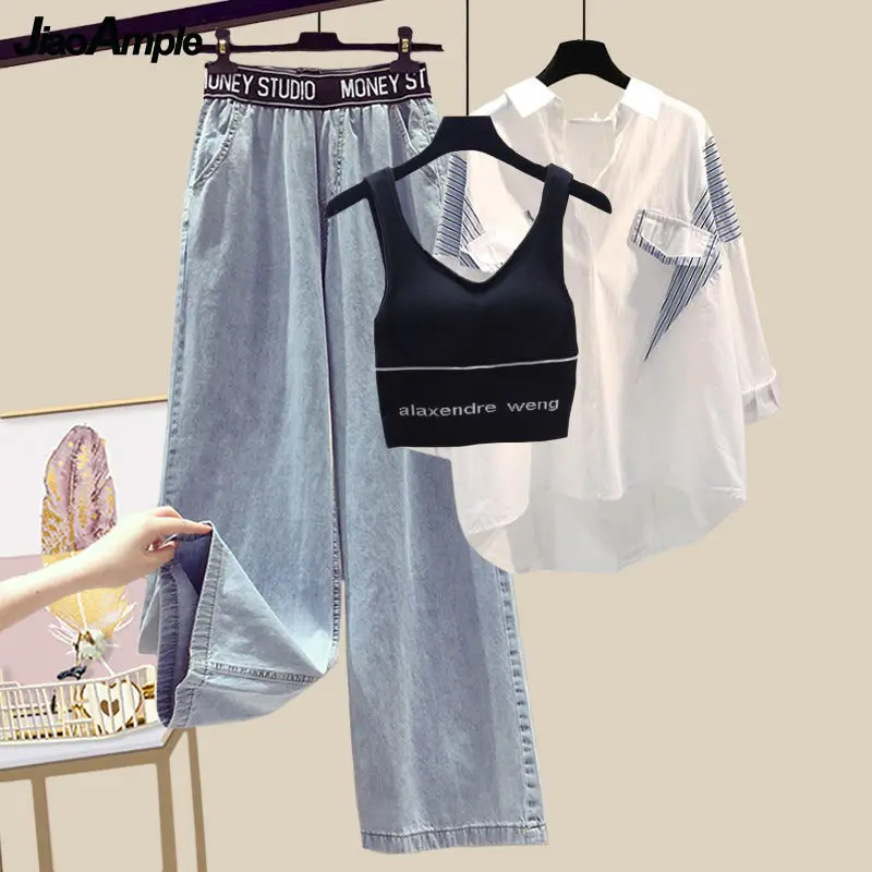 Women's Fashion 3 Pcs Clothing Set Summer 2022 Casual Joker Loose Shirt+Vest+High Waist Denim Pants Suit Lady Trendy Streetwear