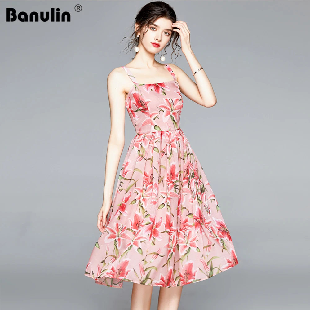 

Banulin 2021 Summer Fashion Runway Party Dress Women Spaghetti Strap Floral Print Boho Holiday Beach Knee-Length Dress