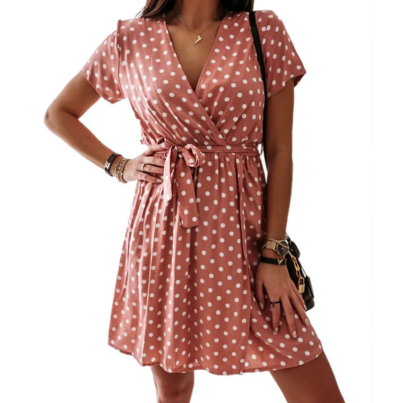 Женское платье в горошек с короткими рукавами повседневное Вечернее свободное