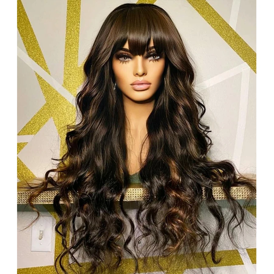 

Silk Base Highlights Body Wave Human Hair Wigs with Bangs 360 Frontal Brazilian Remy Hair Blonde 13X6 Lace Front Wig Fringe Wig