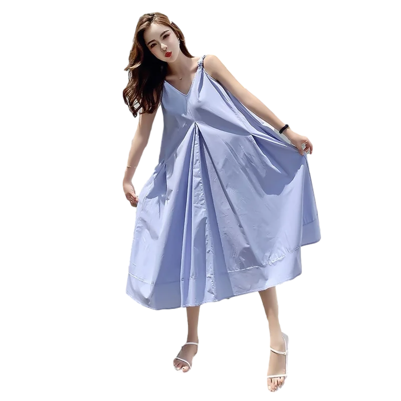 

LANMREM 2021spring Summer New Black All-match Knee-length Suspender Dress Sleeveless Korean Style Cloth For Women Fashion 2A3011