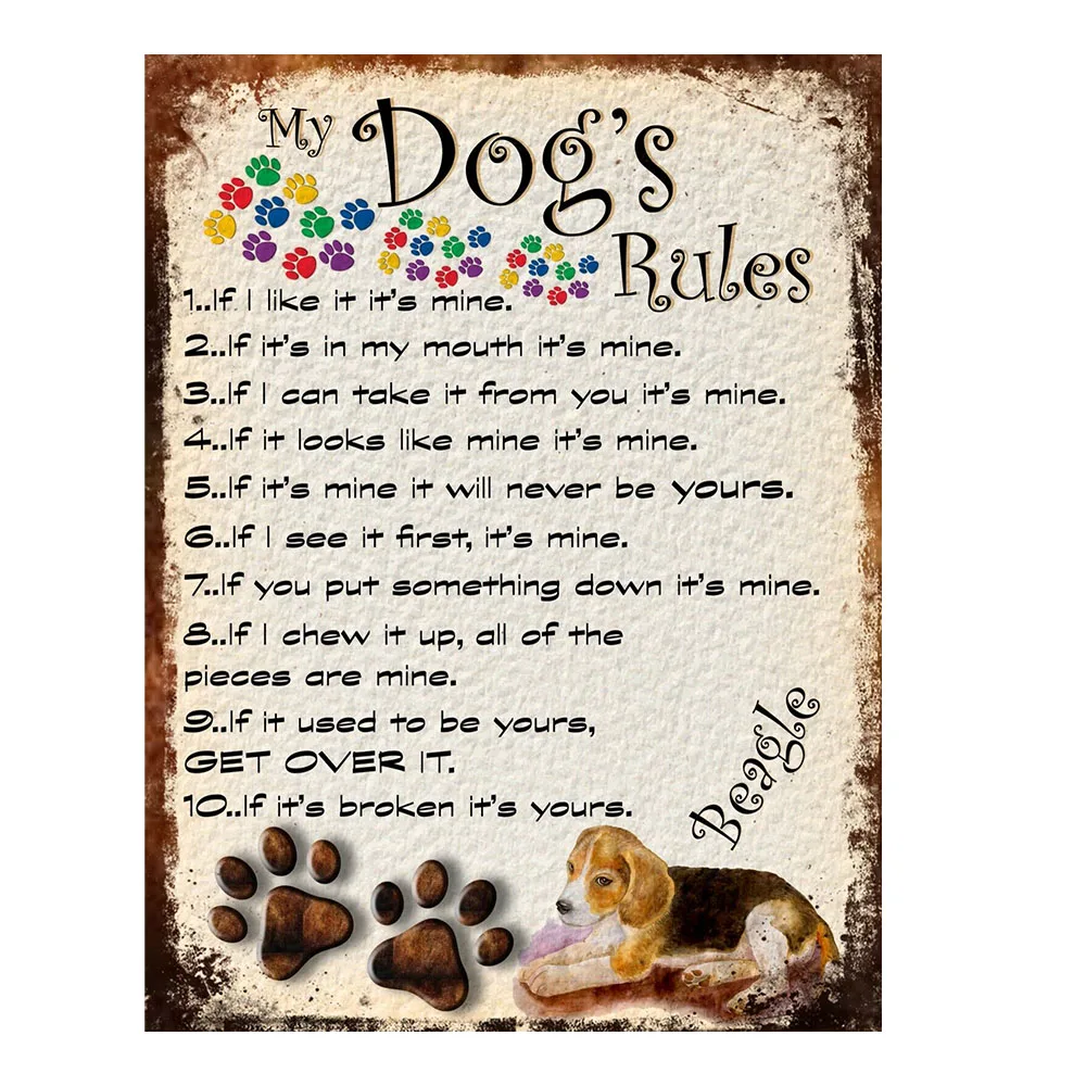My Dog's Rules Retro Metal Sign Beagle Shabby Chic Decor Plaque Wall Poster