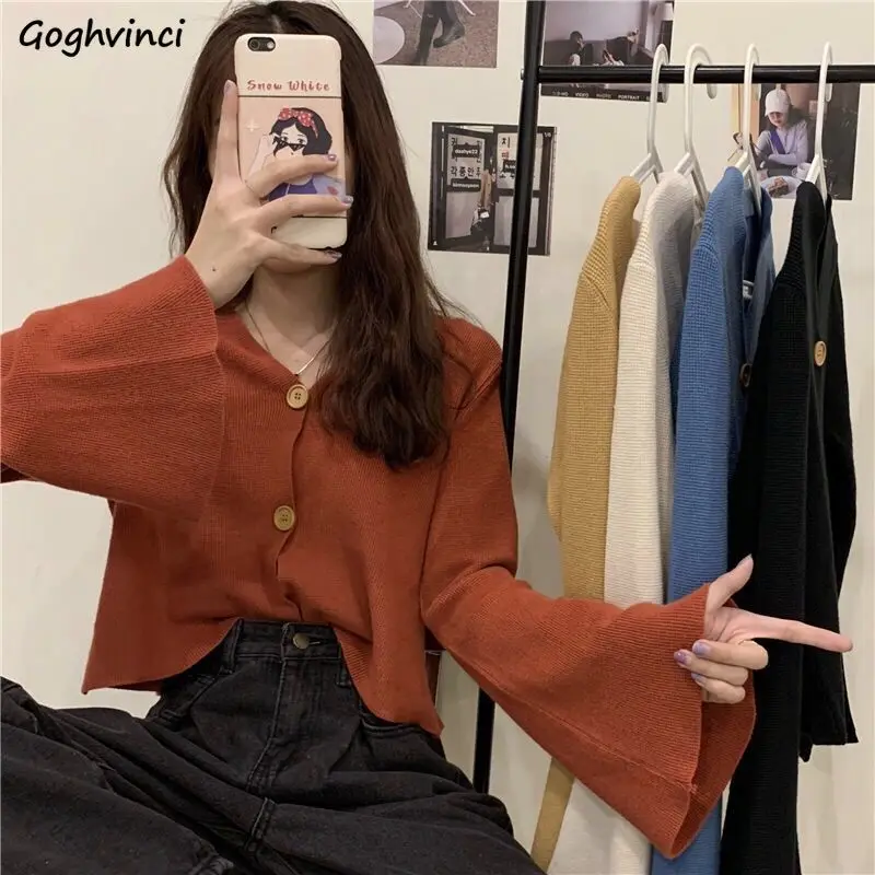 

Cardigan Women V-neck Flare Sleeve Pure Elegant Baggy Slouchy Feminino Cozy Cropped Sweater Knitwear College Casual Korean Style