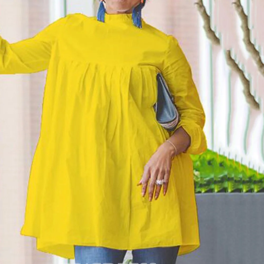 

Long Sleeve Blouse Shirts Women Yellow A Line Solid Pullovers Loose Fashion High Street Wear Elegant Tops 2021 New Arrivals