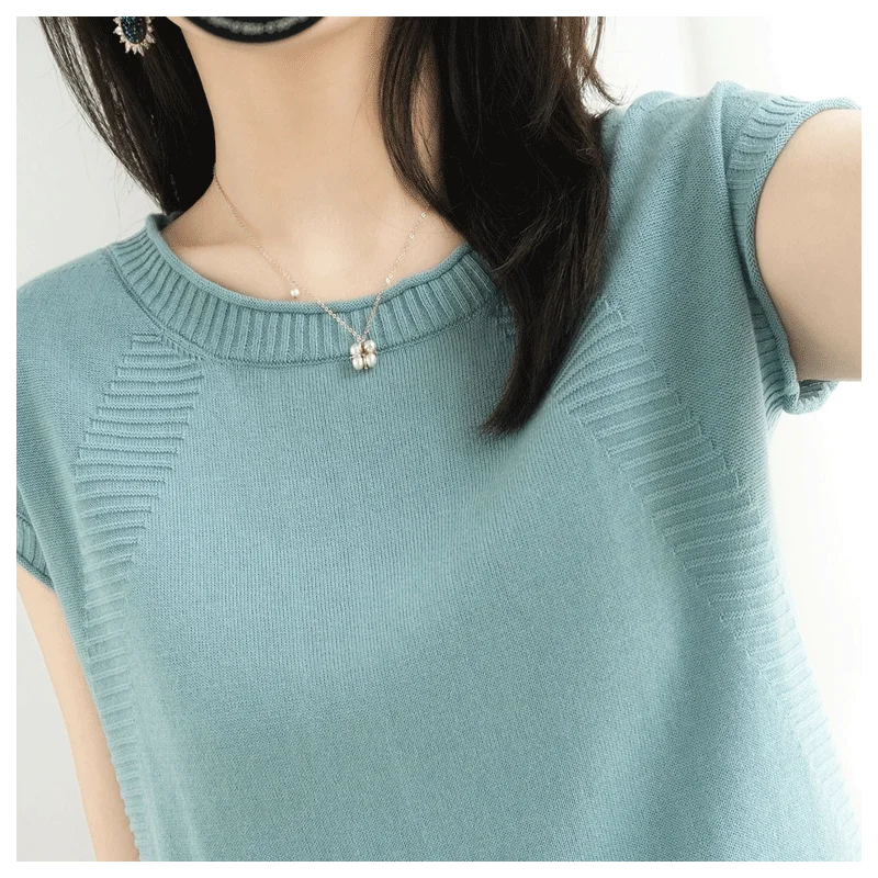 2022 Summer Korean Crew Neck Knitted Short Sleeve Sweater Women's Cotton Iinen Loose Top T-shirt Thinner Bottoming Shirt