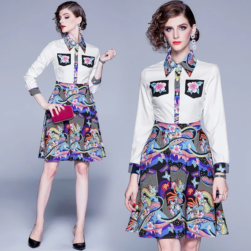 

European Station Fashion New Slim Turn-collar Printed Dresses