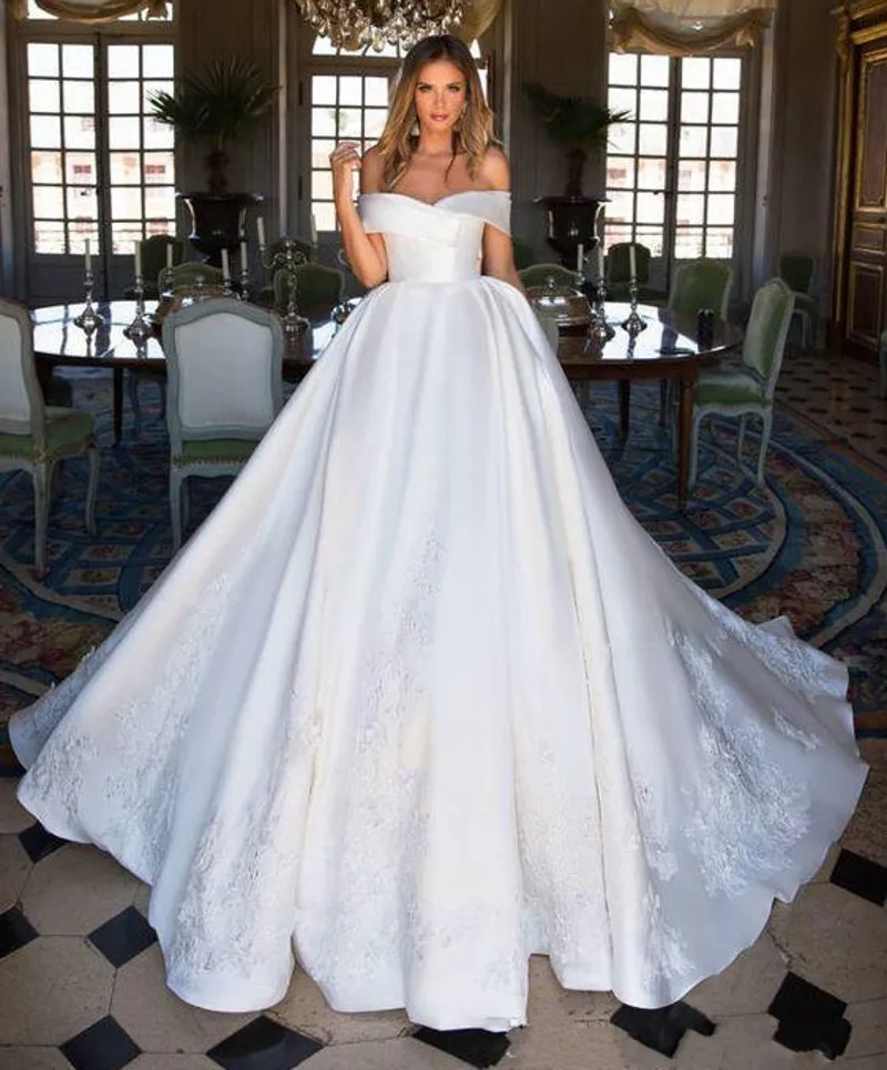 

vestidos de noiva Vintage Modest A-line Satin Wedding Dresses 2021 Off Shoulder Appliques Lace Bridal Gowns robe de mariage