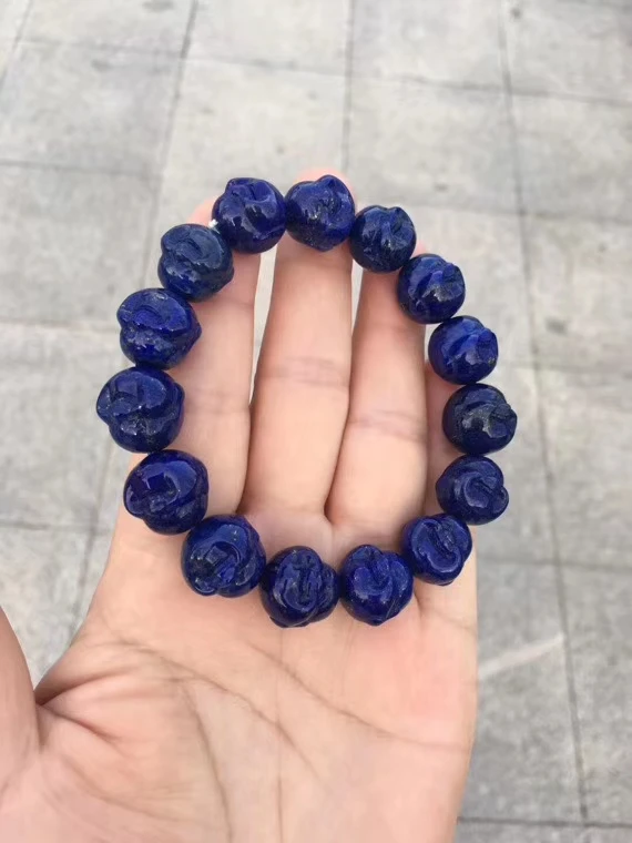 

Genuine Blue Natural Lapis Lazuli Gemstone Bracelet 14/13.6mm Carved Buddhism Beads Bracelets For Women Men AAAAA