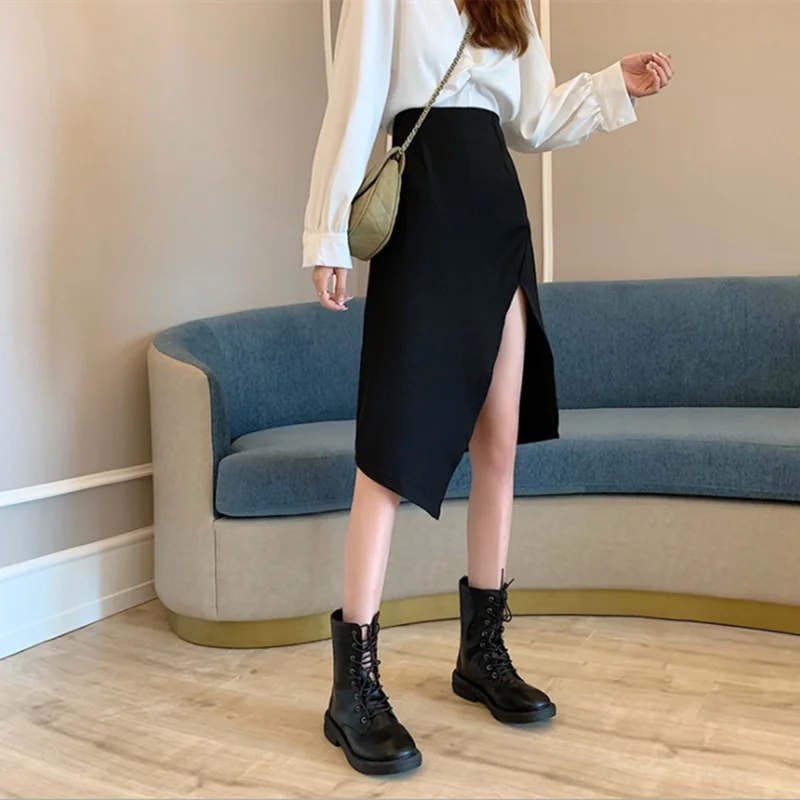 

2020 Autumn New High Waist Slimming Irregular Sexy Split-end Women A-line Skirt Casual All-match Women Long Skirt Free Shipping