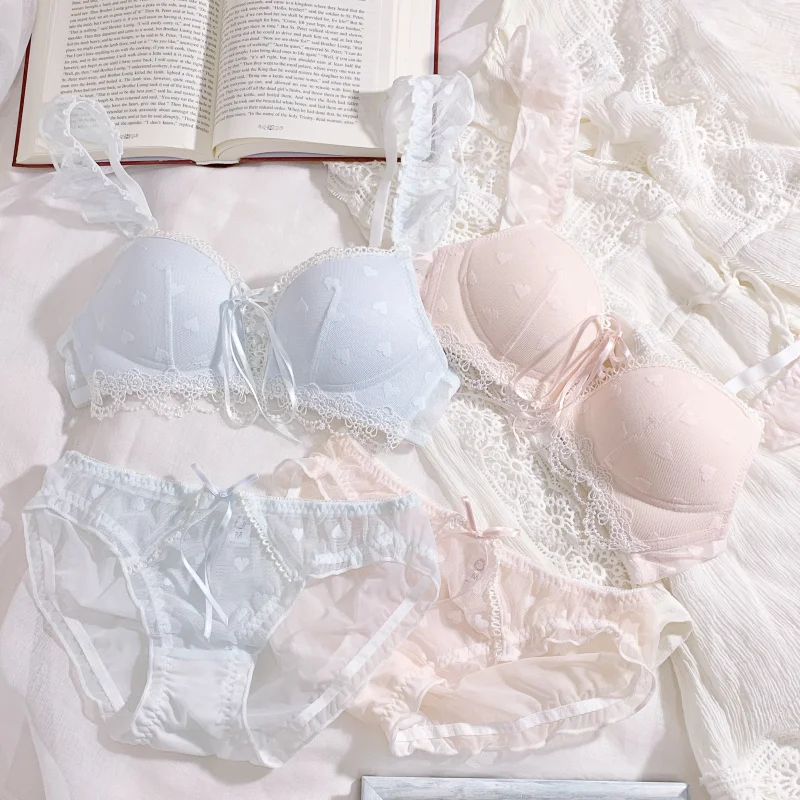 

Women's Fox Gathered Blue Pink Bra Set Ruffles Butterfly Lingerie Sexy Lace Heart Mesh Lace Up Lolita Underwear Women Intimates