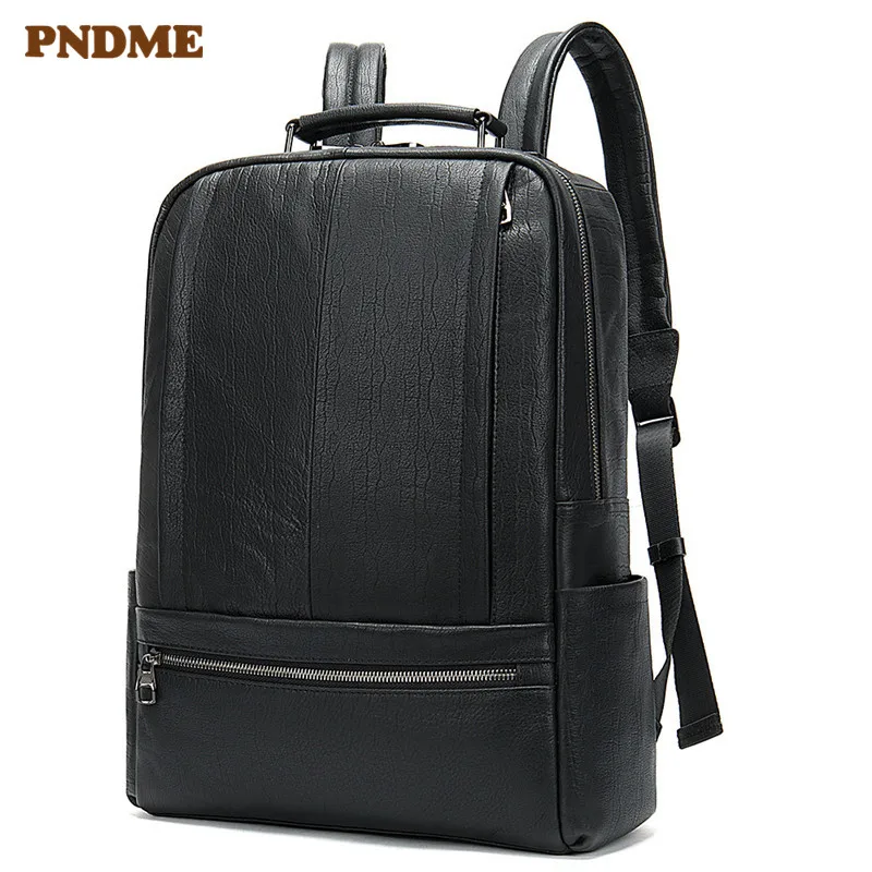 PNDME casual black genuine leather men's backpack high quality cowhide outdoor large capacity travel laptop bagpack bookbag