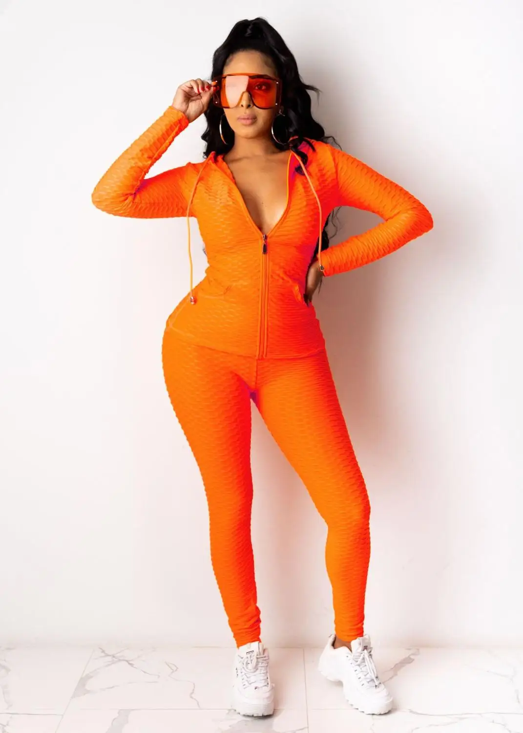 

Ladies autumn jacket trousers winter fashion fish scale pattern polyester stretch frame hooded leisure sports suit two-piece sui