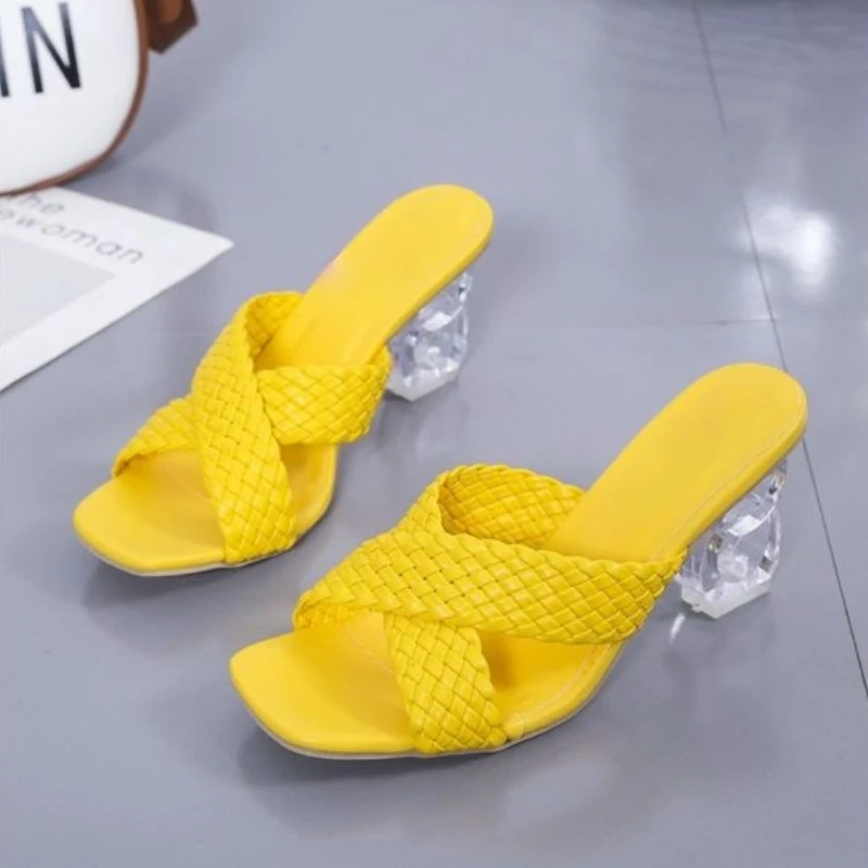 

2021 New Summer Fashion Square Head Transparent Thick Heel High Heels Women's Half Slippers Cross Knitting Hot Selling 7KG225
