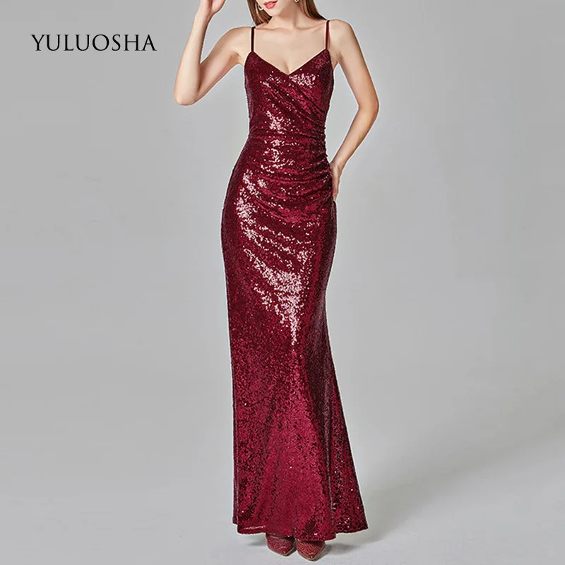 YULUOSHA платье для подружки невесты без рукавов с блестками и v-образным вырезом