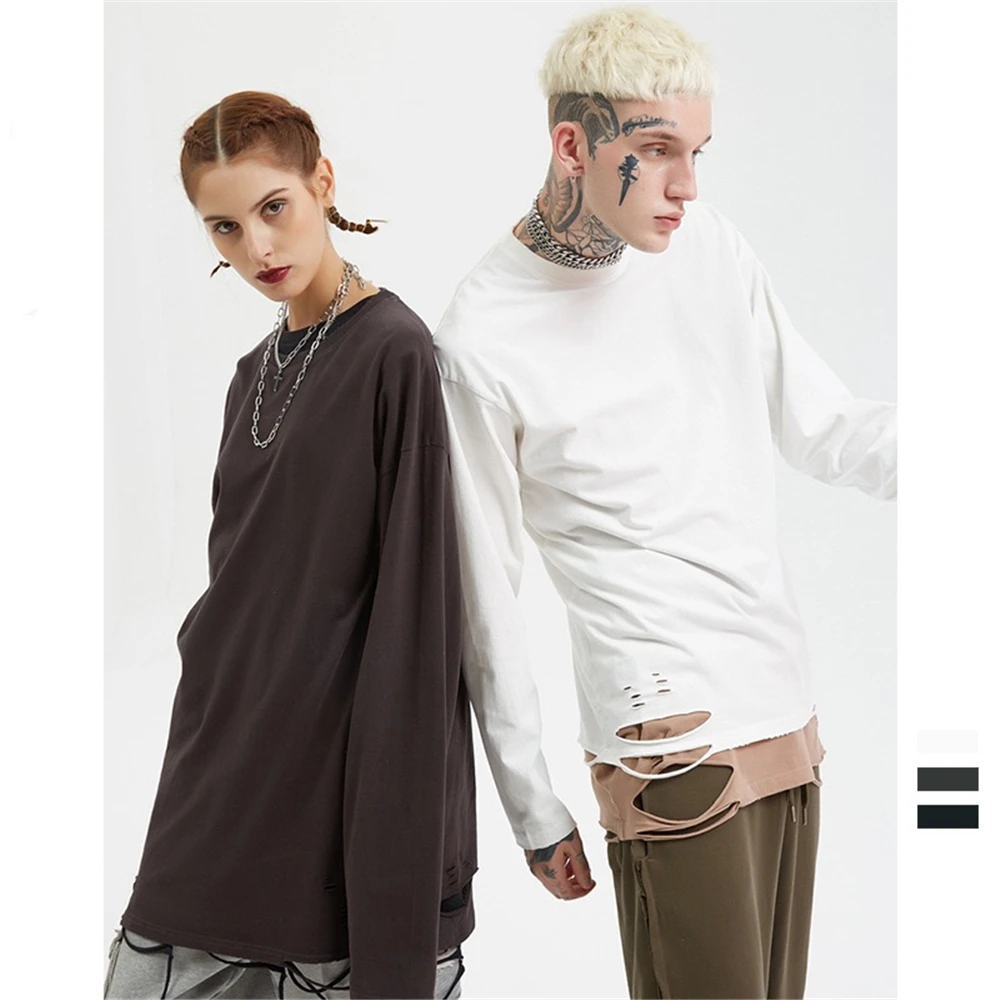 

Свитшот мужской с длинным рукавом, модный свободный однотонный хлопковый свитшот с дырками, уличный Повседневный Универсальный Ретро свит...