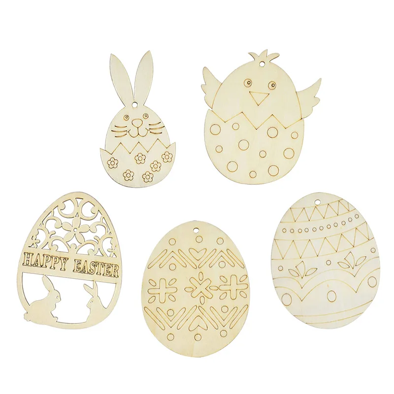 

10Pcs/lot Cartoon Happy Easter Wood Chip Wooden Rabbit Eggs DIY Painting Embellishments Crafts Easter Handmade Hanging Ornament