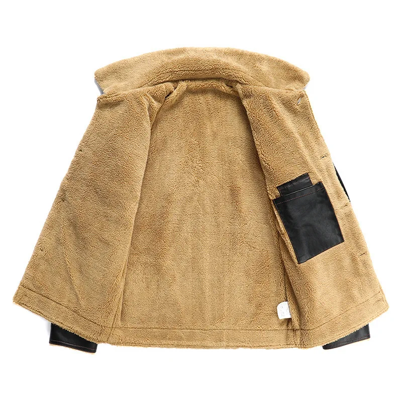 

2020 men's retro stand-up collar leather jacket, winter new style casual lapel collar imitation lamb velvet warm leather jacket