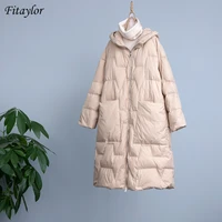 fitaylor winter new hooded down long jacket vintage loose thick women feather parkes 90 white duck down coat snow warm outwear