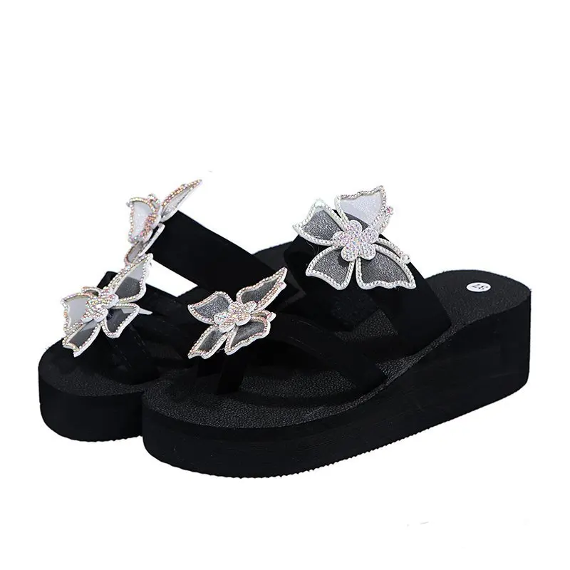 

VMTI 2021 European and American Summer New Style Rhinestone Butterfly Sandals and Slippers Women Wedge Flip Flops