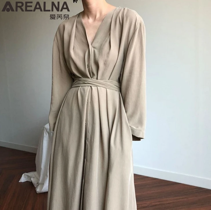 

Women spring Long Shirt Dress Sexy V-neck long sleeve chiffon vintage maxi dress Sashes Plus Size Casual party Dress robe femme