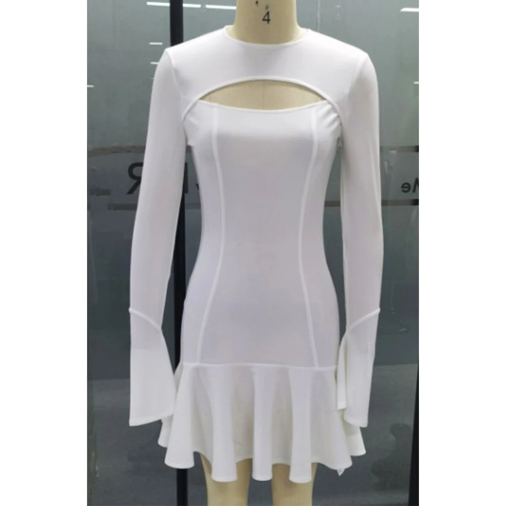 

Woman Dress 2021 NEW Spring Casual Long Flare Sleeve Slim Ruffles Mini Dress Women Elegant Sexy White Hollow Out Party Dress