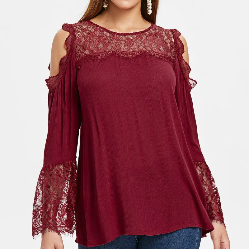 

Женская Элегантная блузка с открытыми плечами и длинным рукавом, кружевная Повседневная летняя блузка в стиле пэчворк