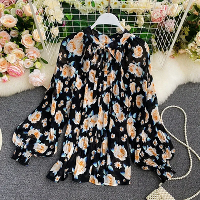 

2021 Spring autumn New Retro Temperament Floral Lantern Sleeve Chiffon Shirt Bowknot Stand Collar Loose Thin Top Women