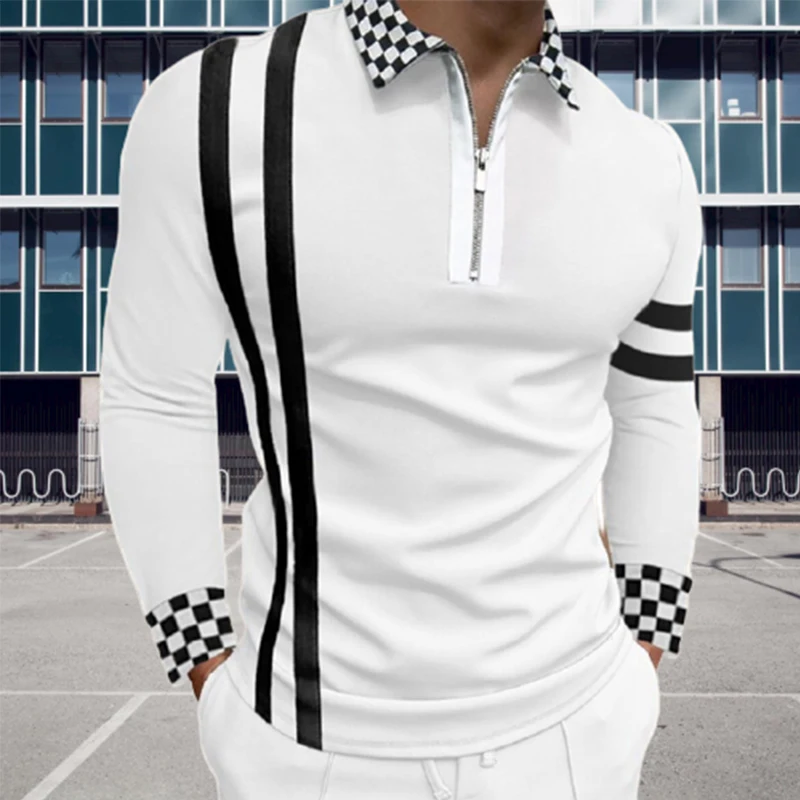 

White Polo Shirt Mens Black Striped Patchwork Zip-up Turn-down Long Sleeve Shirts Male Vintage Casual Slim Tee Tops camisa polos