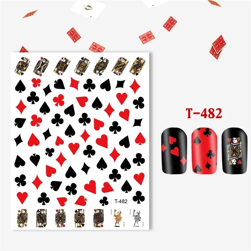 1 Sheet Poker Fashion Design Nail Stickers Red Black Heart Image Self Glue Nail Decorations Designer DIY Manicure Art Tools