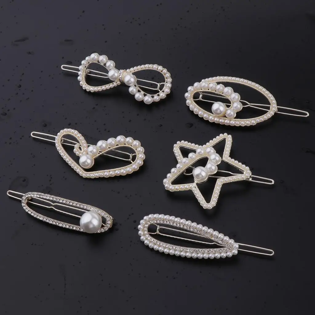 6pcs Trendy Crystal Side Hairpin Pearls Hair Clip Metal Headdress Jewelry